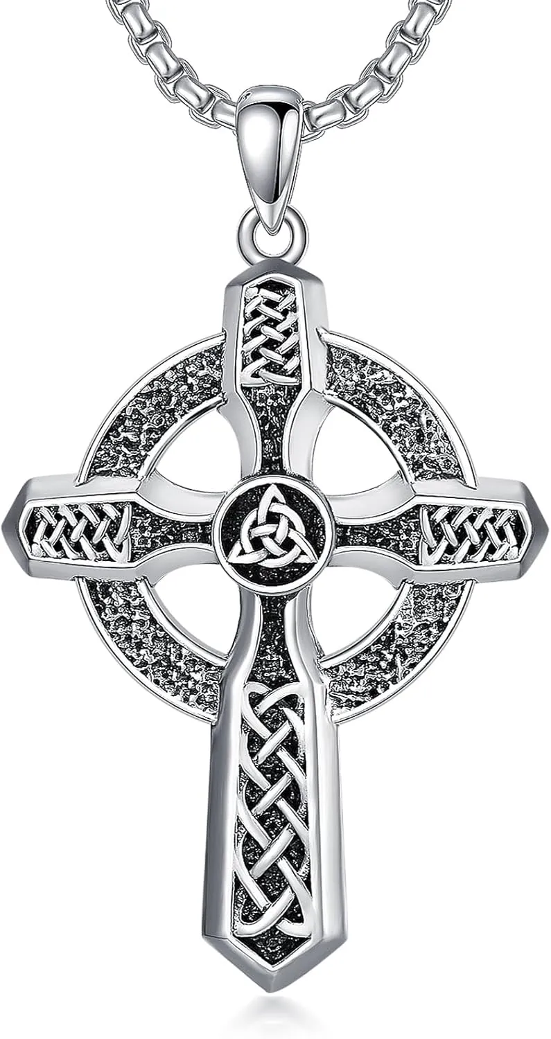 Celtic Cross Necklace 925 Sterling Silver Irish Celtic Knot Cross Pendant Necklaces Jewelry Gifts for Men Women