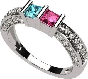 Central Diamond Center Princess Cut Birthstone Couples Ring w/CZs on 3 Sides, Sterling Silver, 10K, or 14K Gold