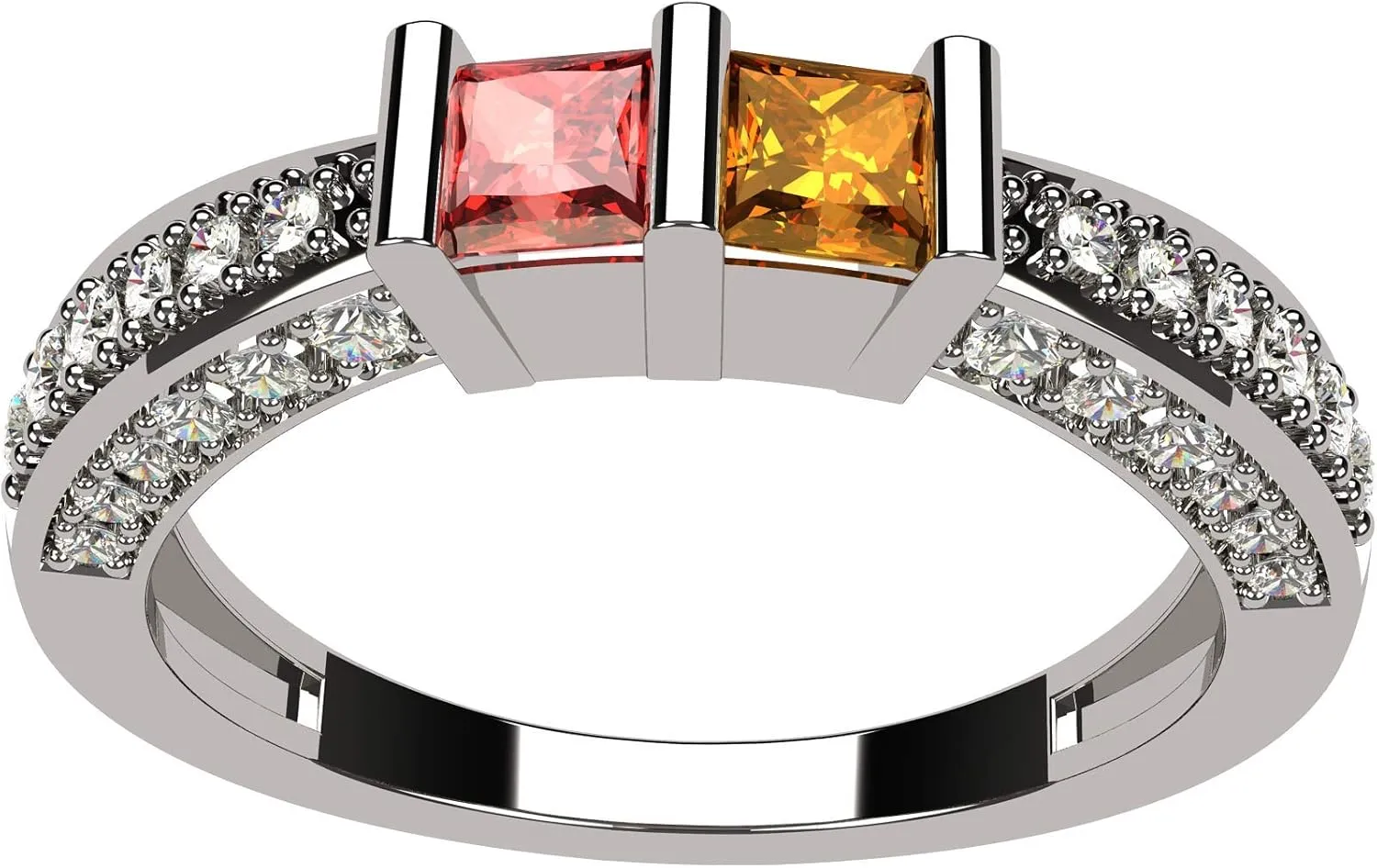 Central Diamond Center Princess Cut Birthstone Couples Ring w/CZs on 3 Sides, Sterling Silver, 10K, or 14K Gold
