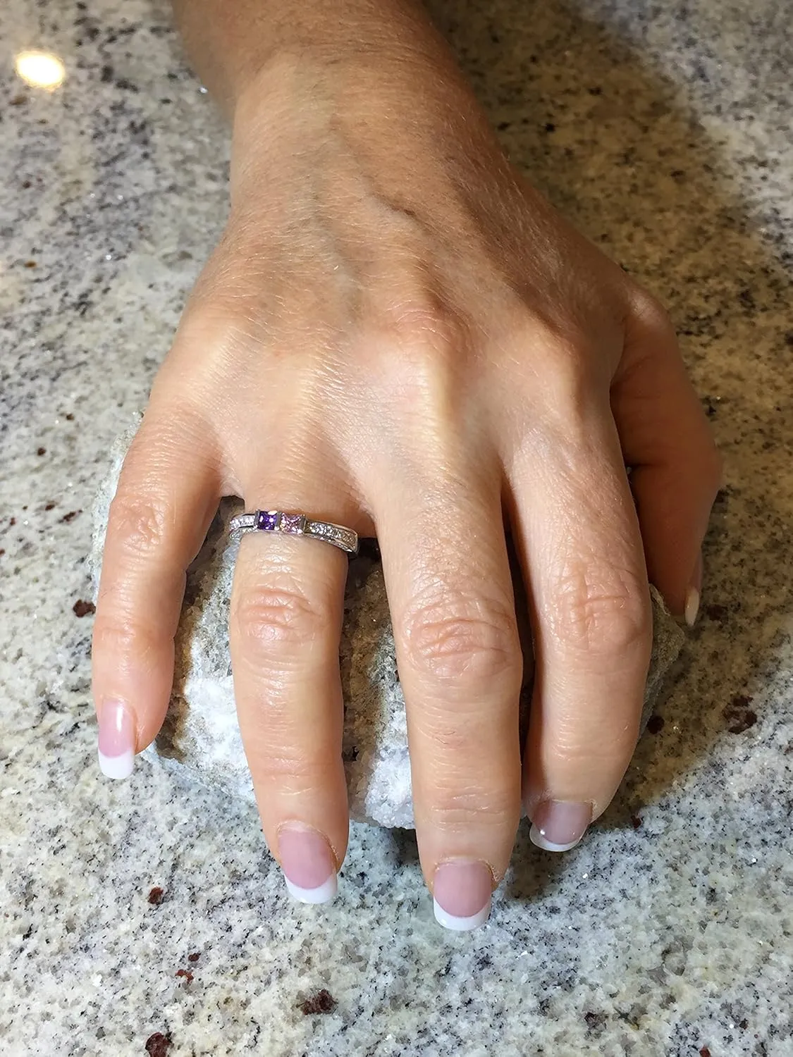 Central Diamond Center Princess Cut Birthstone Couples Ring w/CZs on 3 Sides, Sterling Silver, 10K, or 14K Gold