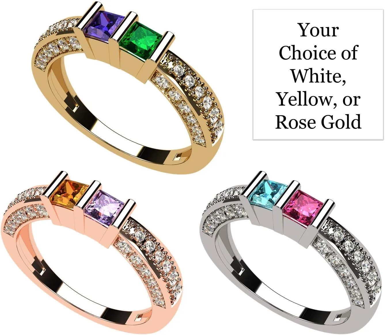 Central Diamond Center Princess Cut Birthstone Couples Ring w/CZs on 3 Sides, Sterling Silver, 10K, or 14K Gold