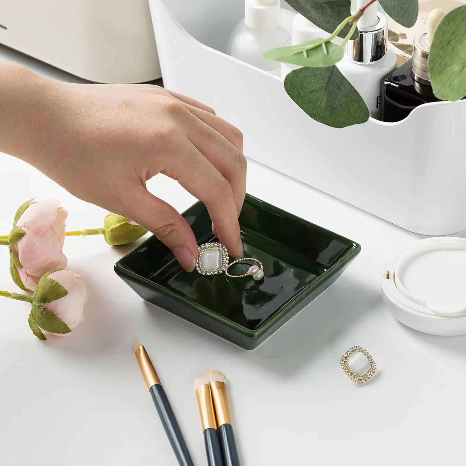 Ceramic Trinket Dish, Ring Tray, Decorative Jewelry Dish for Earrings Necklaces Watch Keys for Women (Dark Green Square)