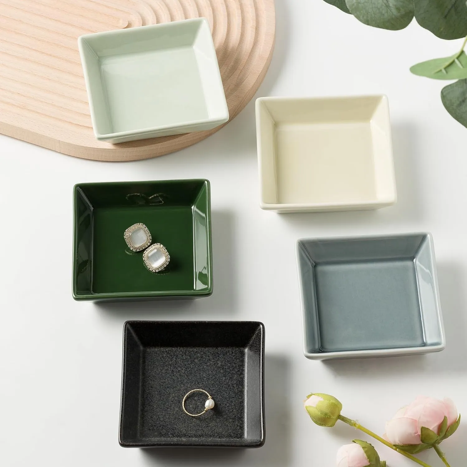 Ceramic Trinket Dish, Ring Tray, Decorative Jewelry Dish for Earrings Necklaces Watch Keys for Women (Dark Green Square)