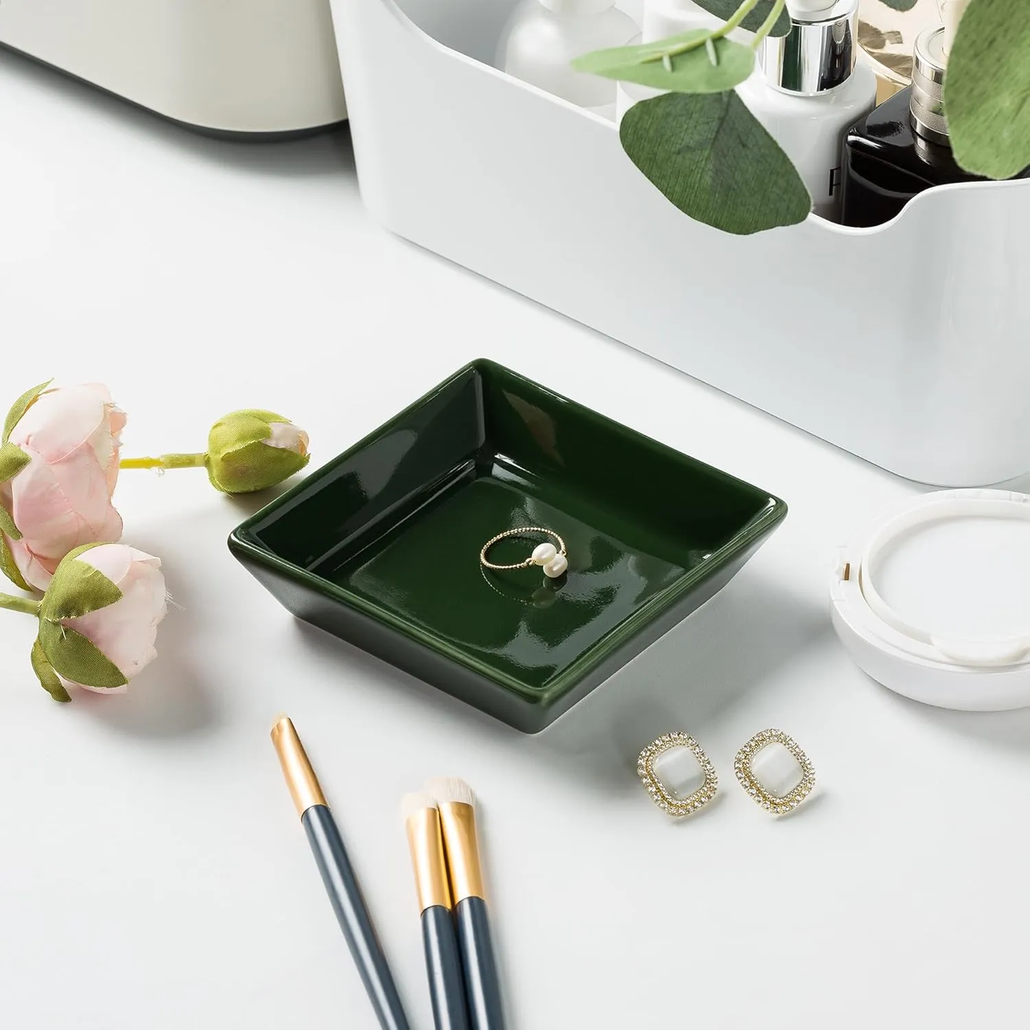 Ceramic Trinket Dish, Ring Tray, Decorative Jewelry Dish for Earrings Necklaces Watch Keys for Women (Dark Green Square)