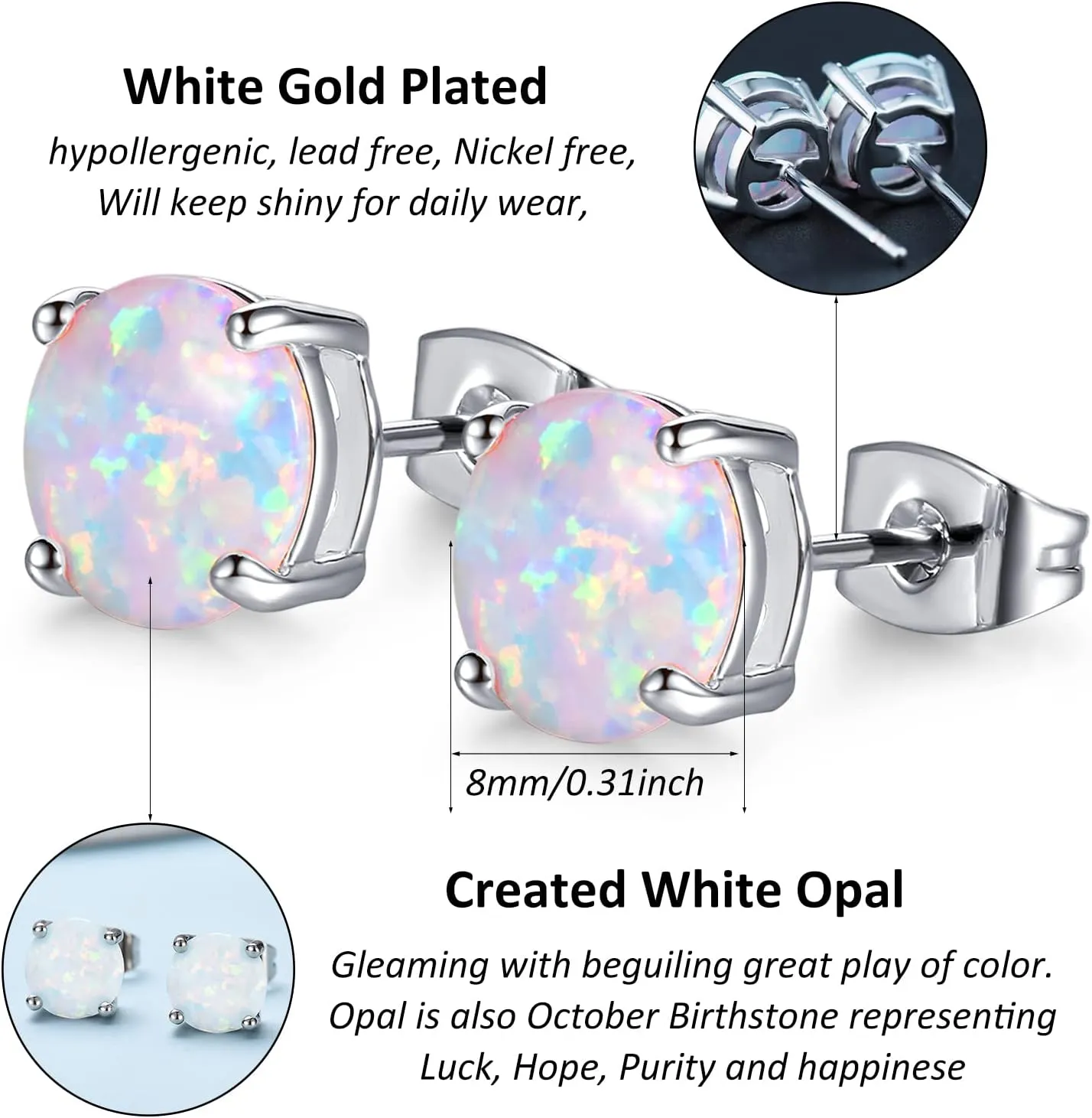 CERSLIMO Multi Colors fire Opal Stud Earrings Birthstone Earrings For Women 8mm