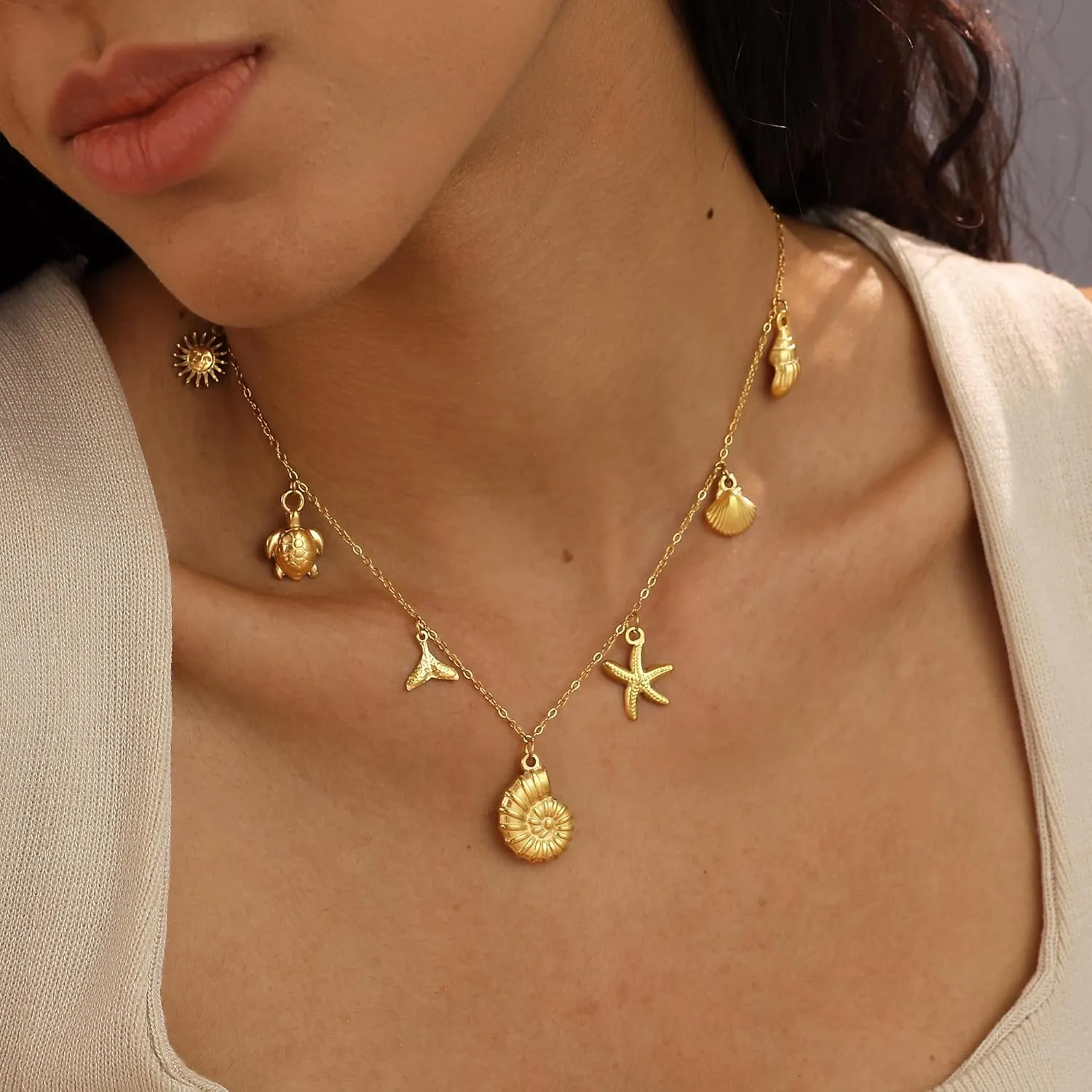 Charm Necklace for Women Trendy,Dainty Seashell Starfish Necklace 14k Gold Plated Pearl Charm Necklaces Waterproof Charms Beach Jewelry for Women