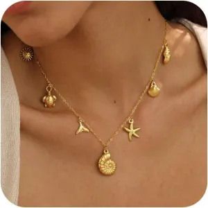 Charm Necklace for Women Trendy,Dainty Seashell Starfish Necklace 14k Gold Plated Pearl Charm Necklaces Waterproof Charms Beach Jewelry for Women