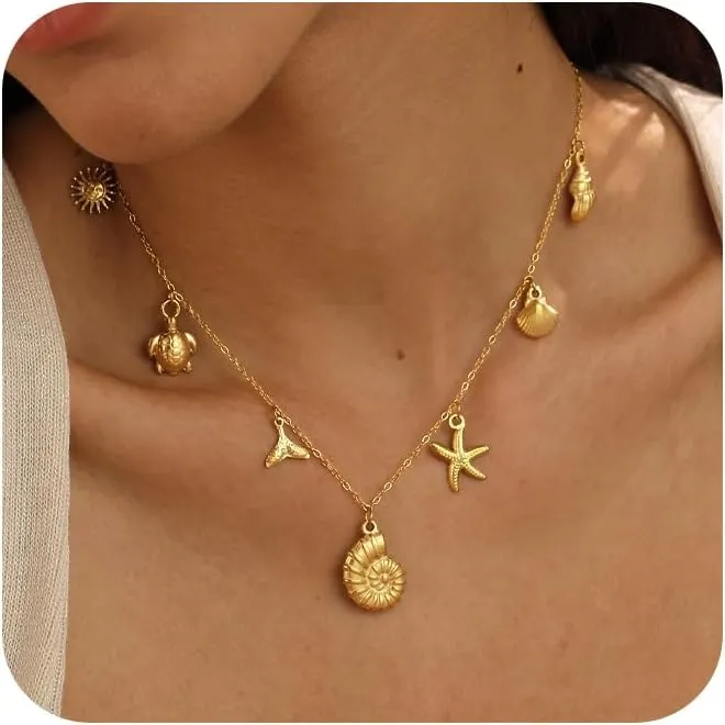 Charm Necklace for Women Trendy,Dainty Seashell Starfish Necklace 14k Gold Plated Pearl Charm Necklaces Waterproof Charms Beach Jewelry for Women