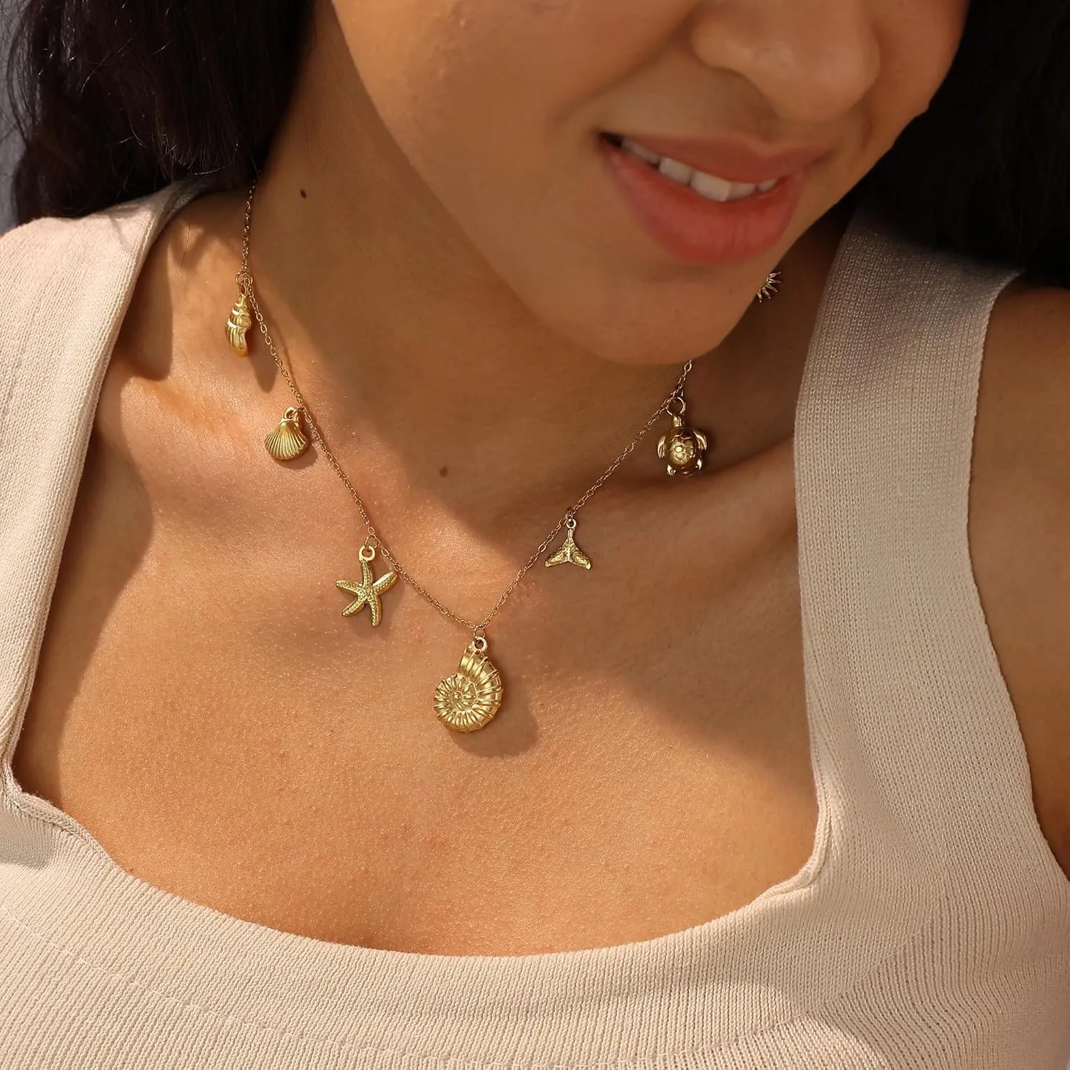 Charm Necklace for Women Trendy,Dainty Seashell Starfish Necklace 14k Gold Plated Pearl Charm Necklaces Waterproof Charms Beach Jewelry for Women