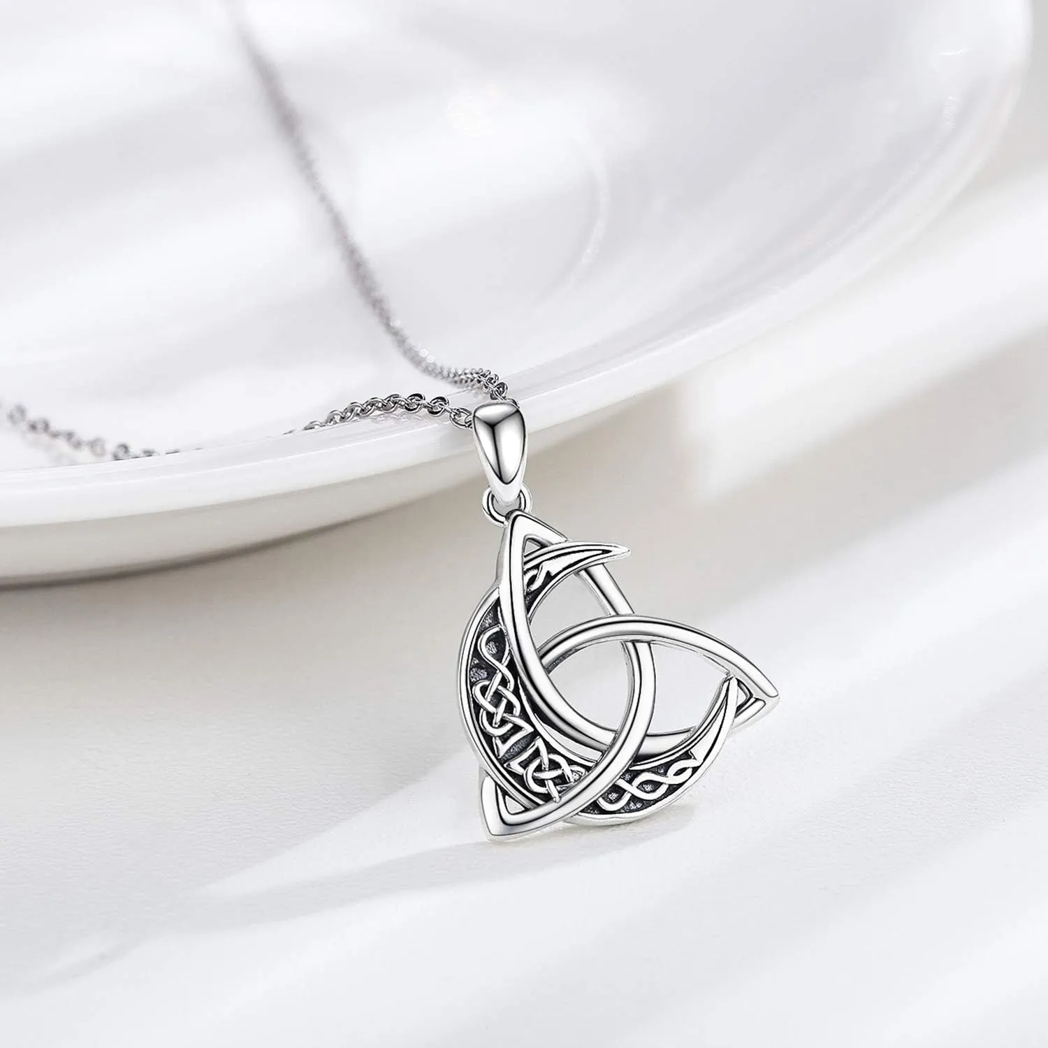 CHENGHONG Celtic Moon Necklace for Women 925 Sterling Silver Celtic Knot Moonstone Pendant Necklace Crescent Irish Necklaces Celtics Jewelry Gift for Women Men