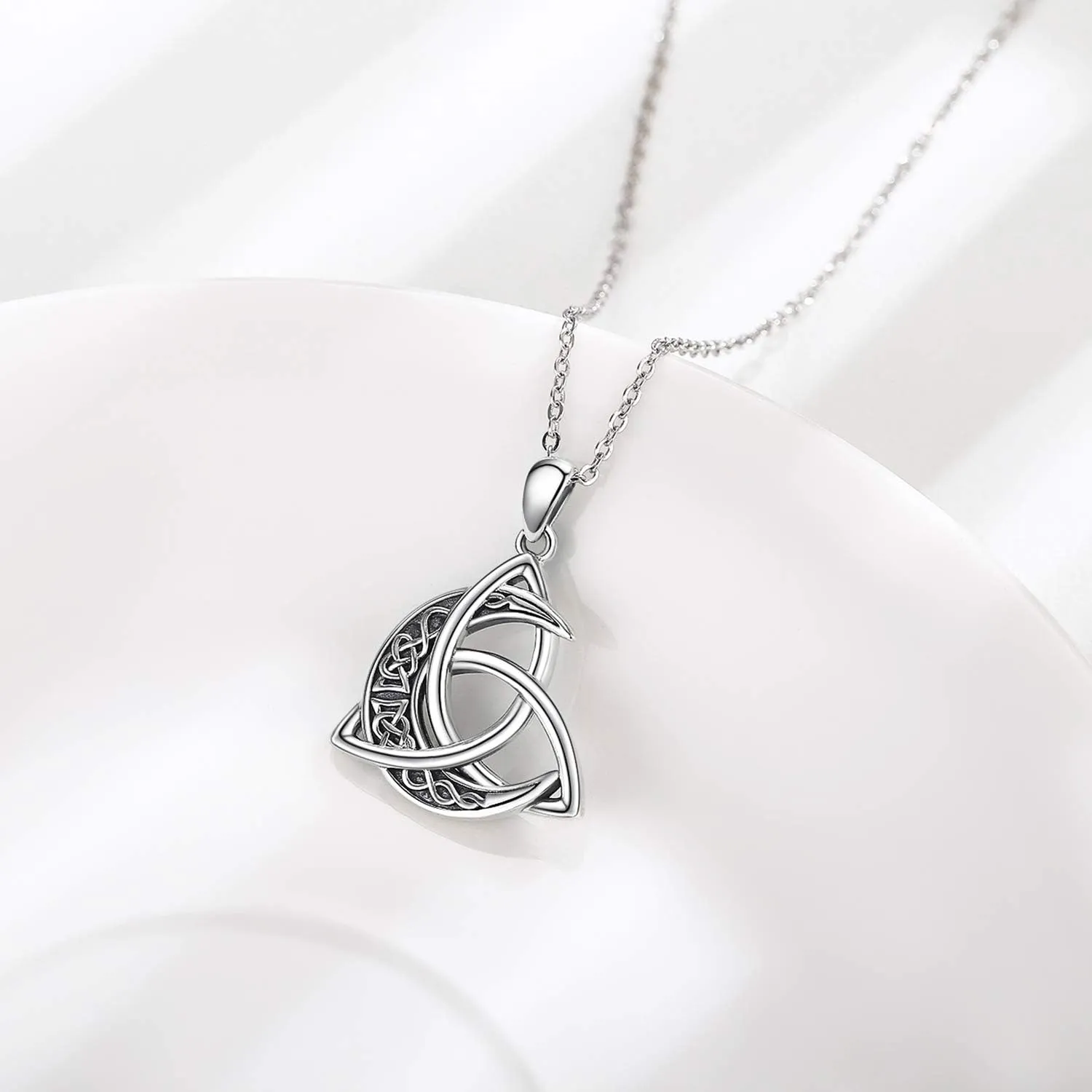 CHENGHONG Celtic Moon Necklace for Women 925 Sterling Silver Celtic Knot Moonstone Pendant Necklace Crescent Irish Necklaces Celtics Jewelry Gift for Women Men