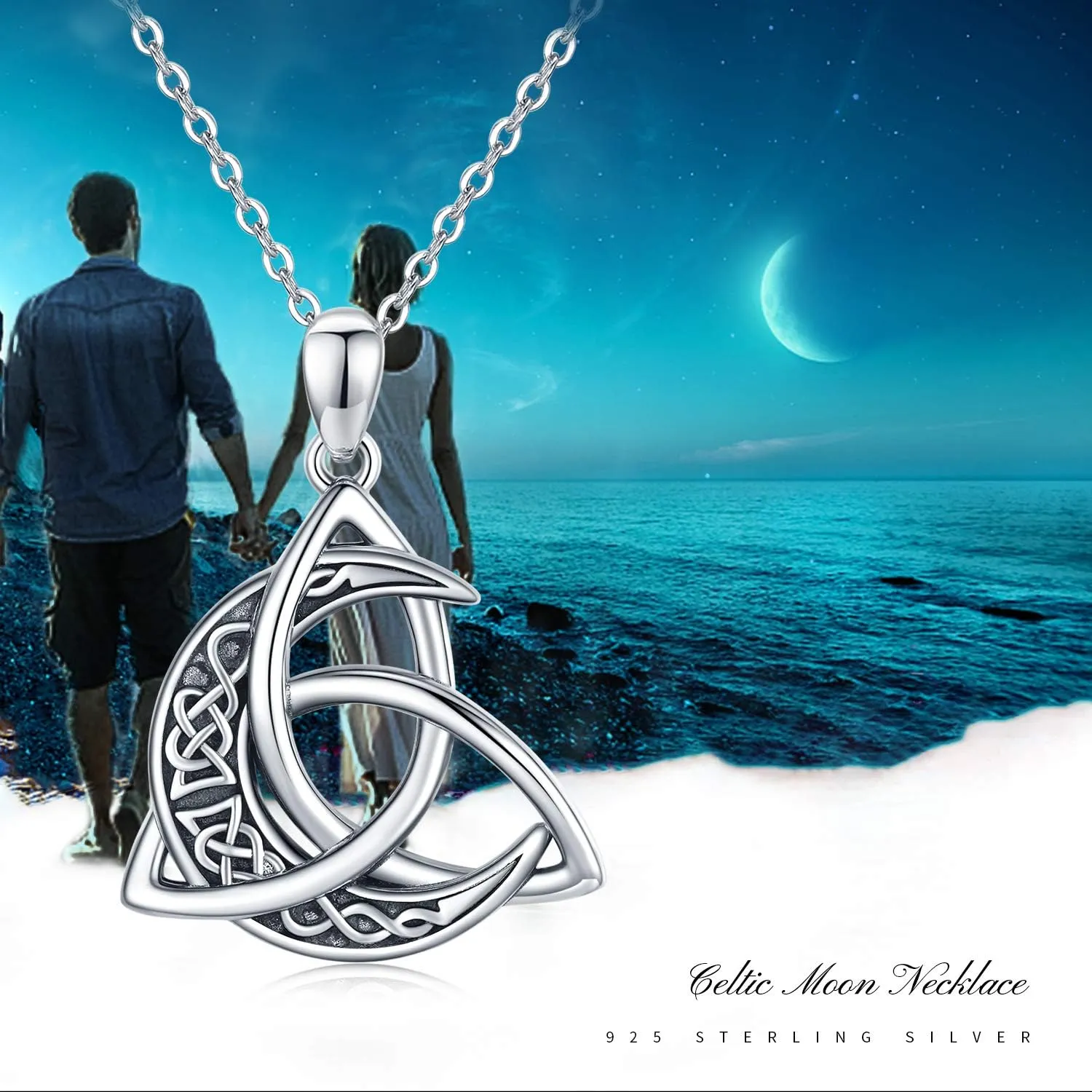 CHENGHONG Celtic Moon Necklace for Women 925 Sterling Silver Celtic Knot Moonstone Pendant Necklace Crescent Irish Necklaces Celtics Jewelry Gift for Women Men