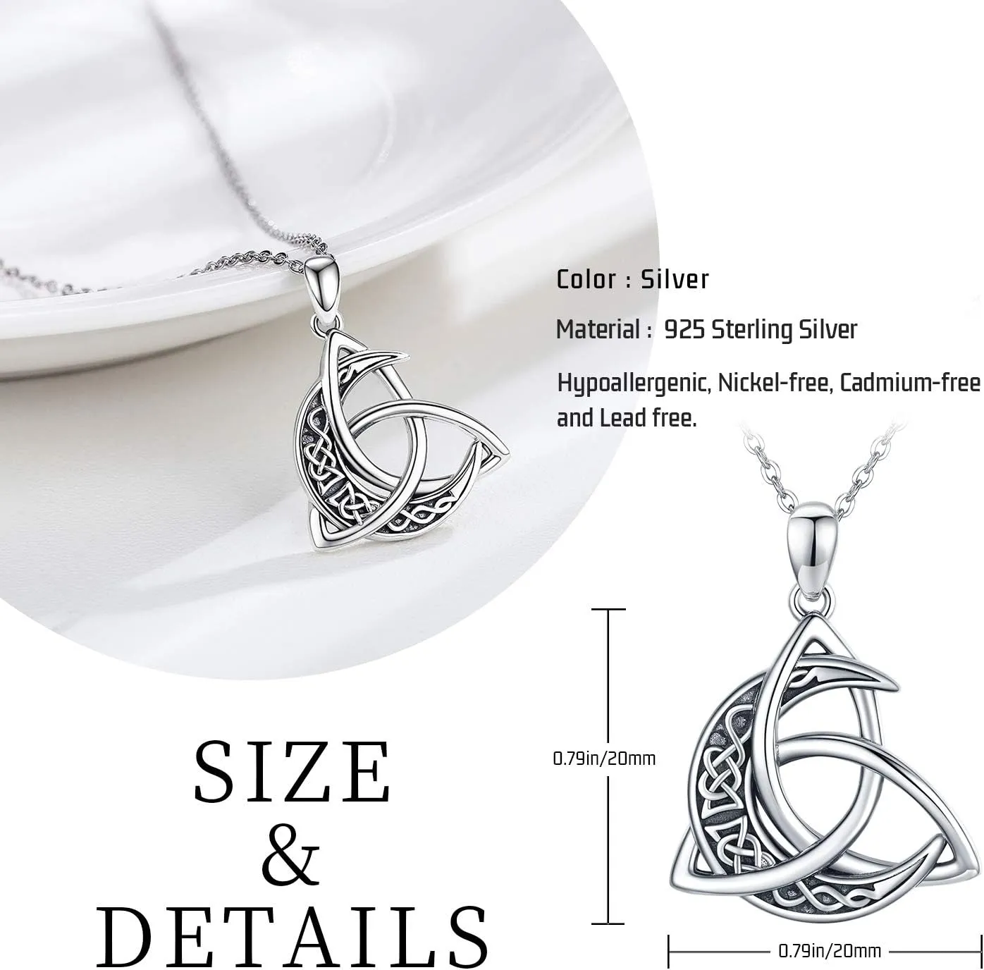 CHENGHONG Celtic Moon Necklace for Women 925 Sterling Silver Celtic Knot Moonstone Pendant Necklace Crescent Irish Necklaces Celtics Jewelry Gift for Women Men