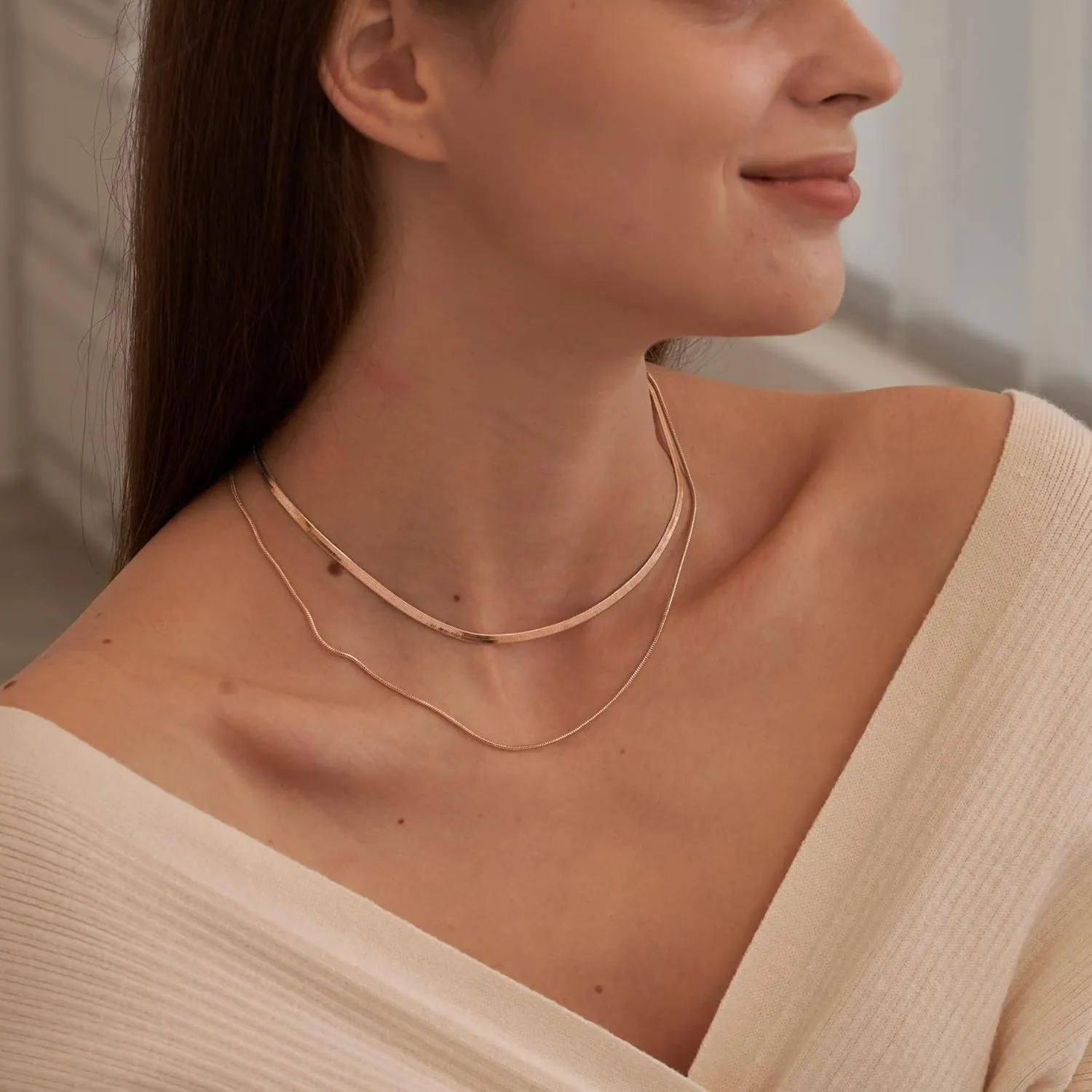 CHESKY 14K Gold/Silver Plated Snake Chain Necklace Herringbone Necklace Gold Choker Necklaces for Women Gifts Jewelry 1.5/3/5MM(W) 14"/16"(L)