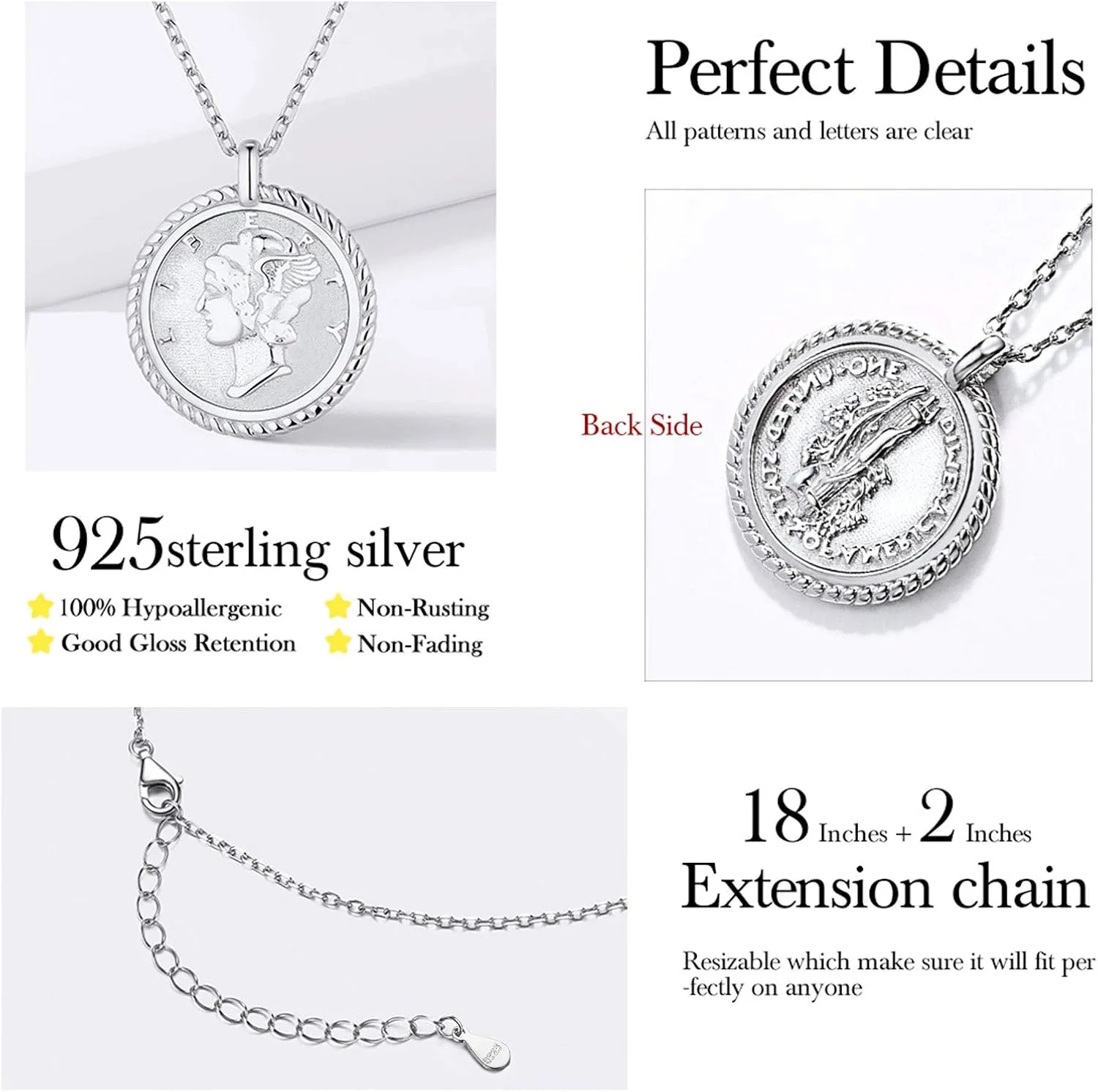 ChicSilver Coin Necklace Sterling Silver Vintage Round Circle Disc Dainty Coin Pendant Necklaces for Women (with Gift Box)