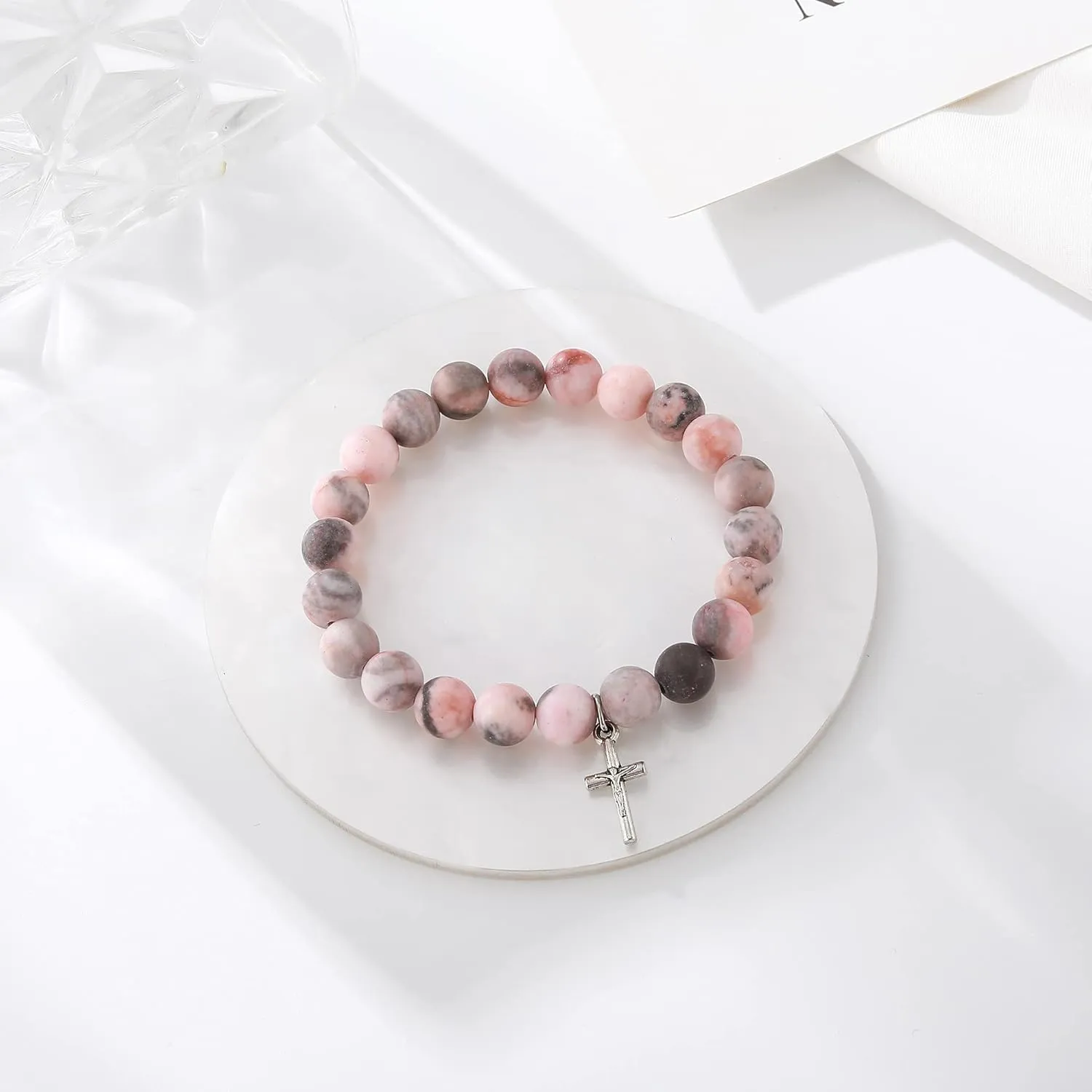 Christian Gifts for Women Cross Beads Bracelet Pink Red Catholic Religious Faith Jewelry Mothers Day Birthday Anniversary Christmas Gifts for Women Mother/Daughter/Sister/Girlfriend/Grandma/Wife