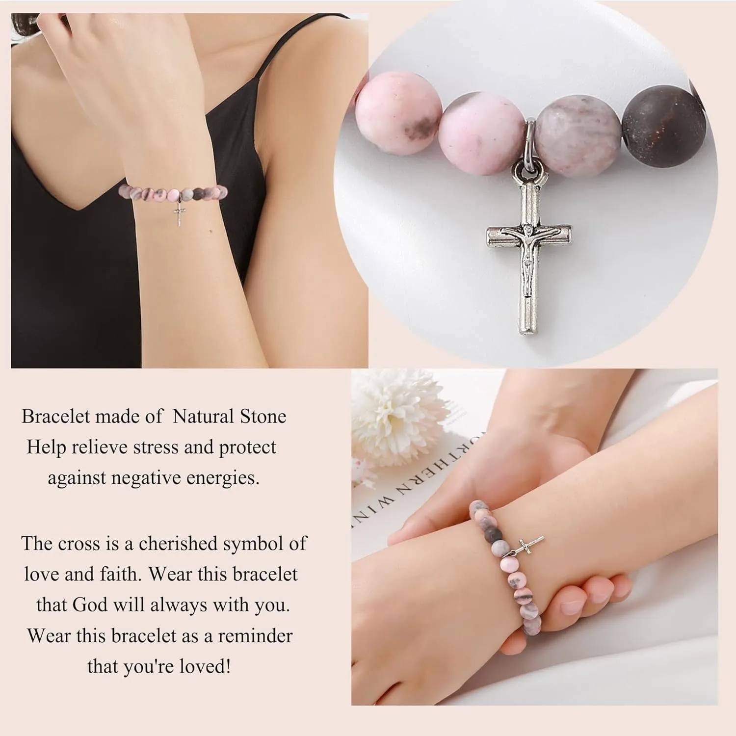 Christian Gifts for Women Cross Beads Bracelet Pink Red Catholic Religious Faith Jewelry Mothers Day Birthday Anniversary Christmas Gifts for Women Mother/Daughter/Sister/Girlfriend/Grandma/Wife