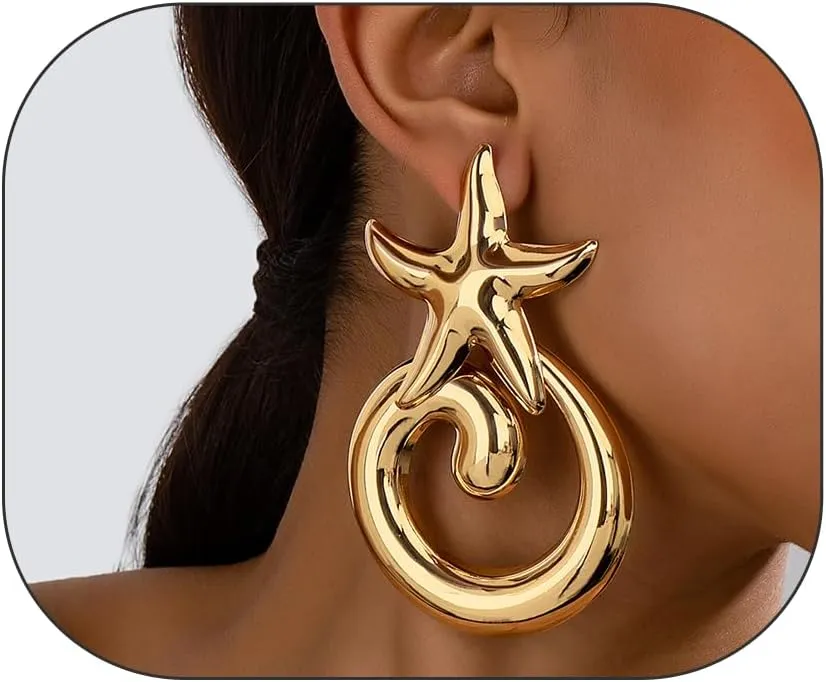 Chunky Gold Statement Earrings for Women,Large Spiral Earring Trendy Gold Starfish Spiral Drop Earring Fashion Statement Earrings Jewelry