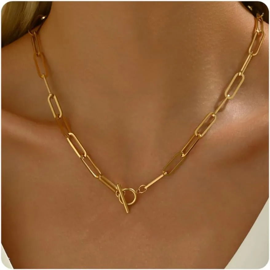 Chunky Toggle Necklace for Women 18K Gold Plated Vintage Paperclip Figaro Link Chain Necklaces Dainty Paper Clip Toggle Necklace for Jewelry Gift