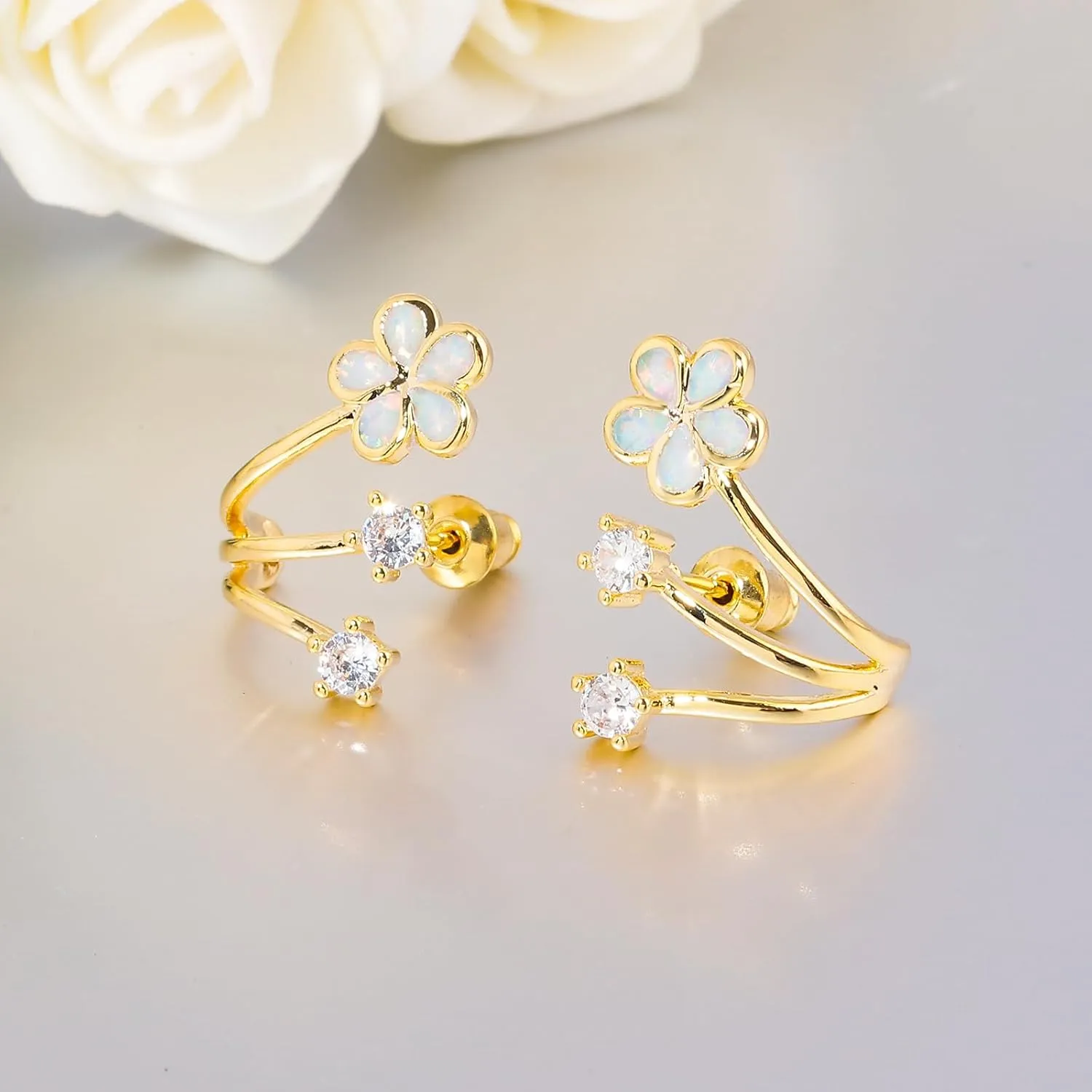 CiNily Cuffs Stud Earrings for Women Trendy 14K White Gold Plated Created Fire Opal Flower Piercings Studs Earrings Cubic Zirconia Claw Ear Wrap Earrings Jewelry Gift for Wedding Party Birthday