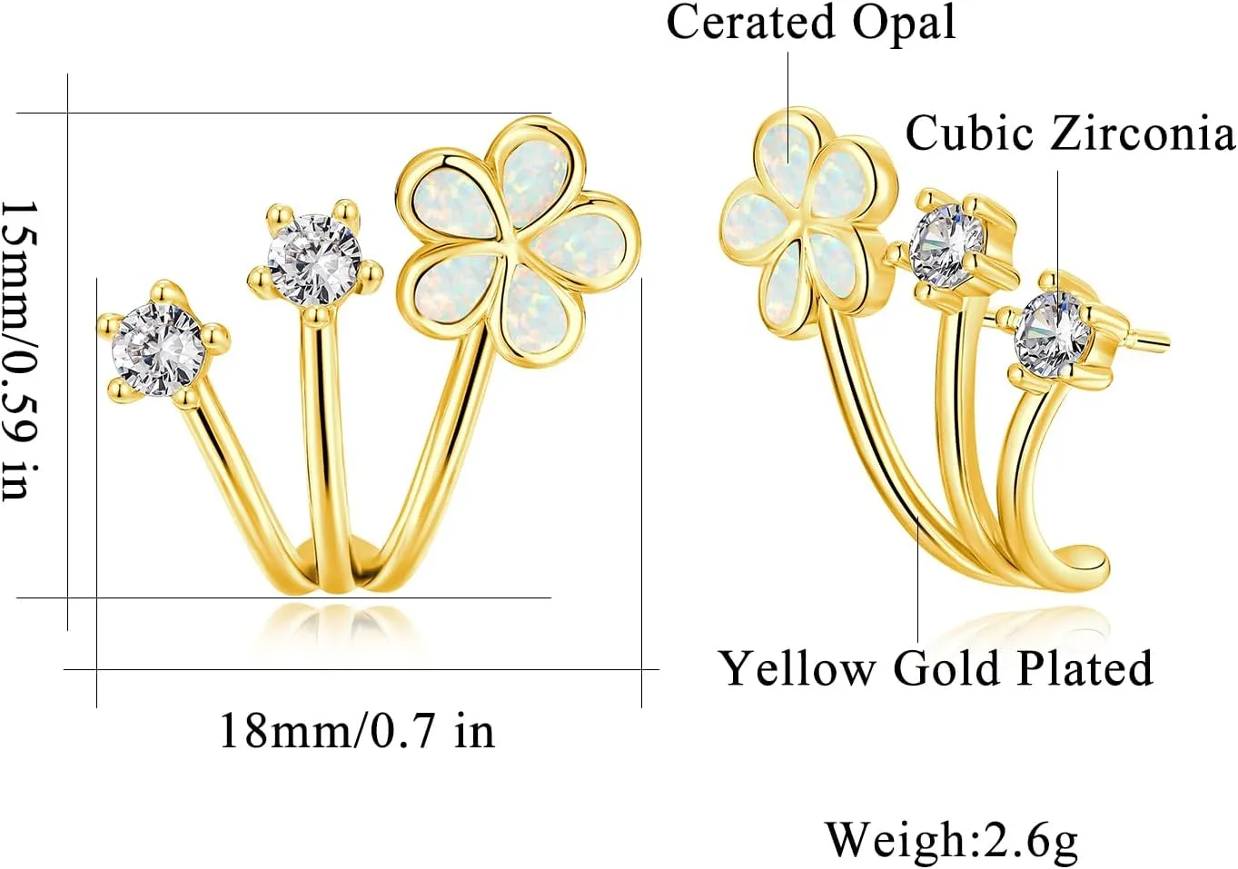 CiNily Cuffs Stud Earrings for Women Trendy 14K White Gold Plated Created Fire Opal Flower Piercings Studs Earrings Cubic Zirconia Claw Ear Wrap Earrings Jewelry Gift for Wedding Party Birthday