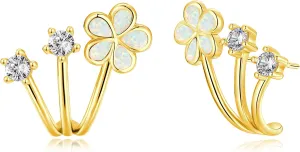 CiNily Cuffs Stud Earrings for Women Trendy 14K White Gold Plated Created Fire Opal Flower Piercings Studs Earrings Cubic Zirconia Claw Ear Wrap Earrings Jewelry Gift for Wedding Party Birthday