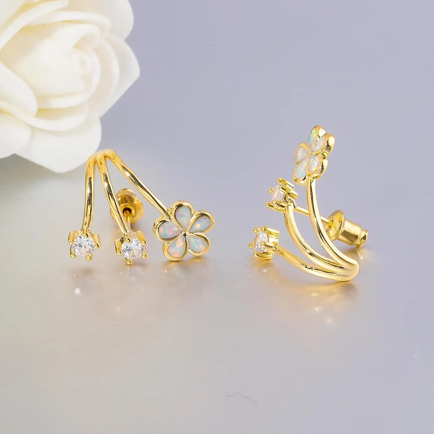 CiNily Cuffs Stud Earrings for Women Trendy 14K White Gold Plated Created Fire Opal Flower Piercings Studs Earrings Cubic Zirconia Claw Ear Wrap Earrings Jewelry Gift for Wedding Party Birthday
