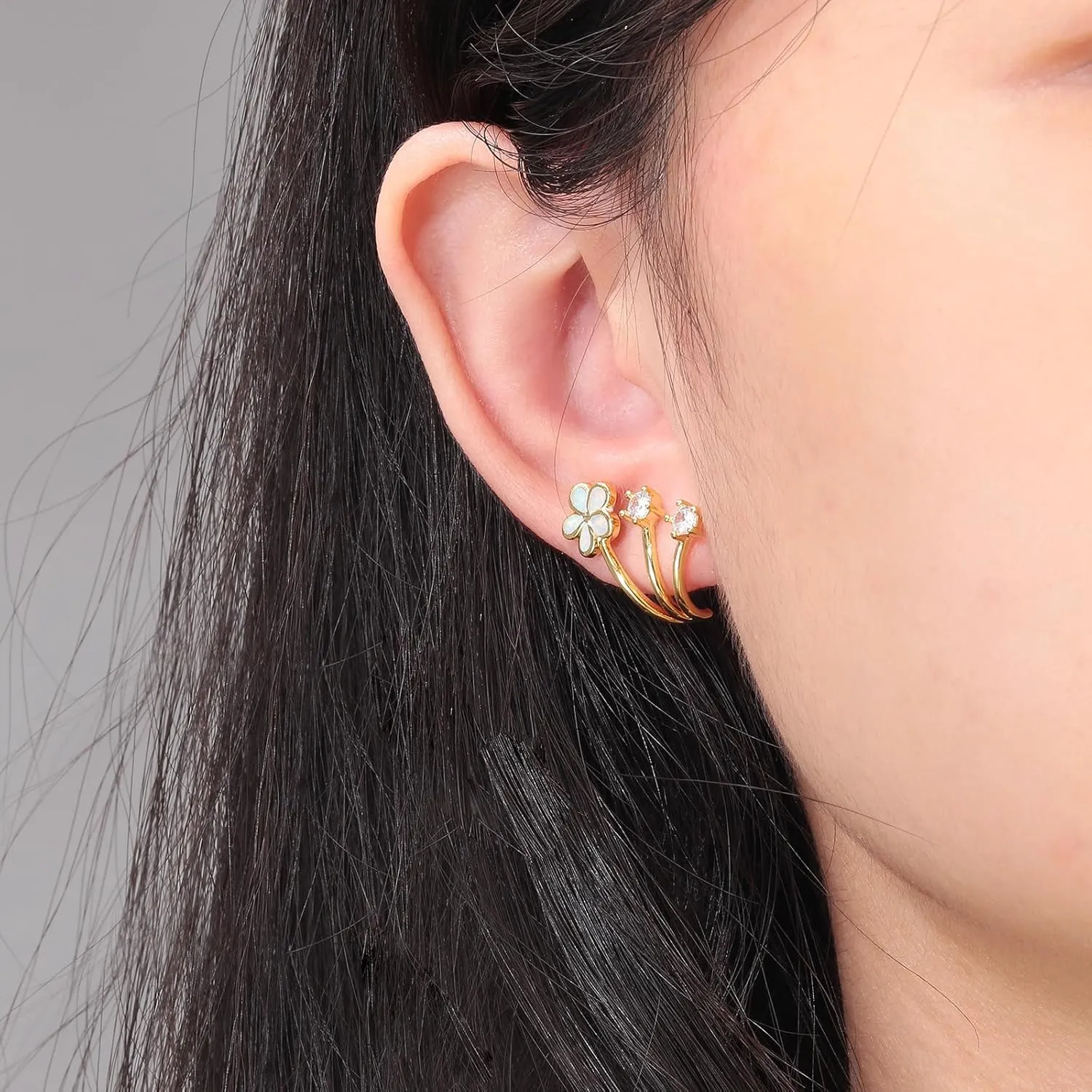 CiNily Cuffs Stud Earrings for Women Trendy 14K White Gold Plated Created Fire Opal Flower Piercings Studs Earrings Cubic Zirconia Claw Ear Wrap Earrings Jewelry Gift for Wedding Party Birthday
