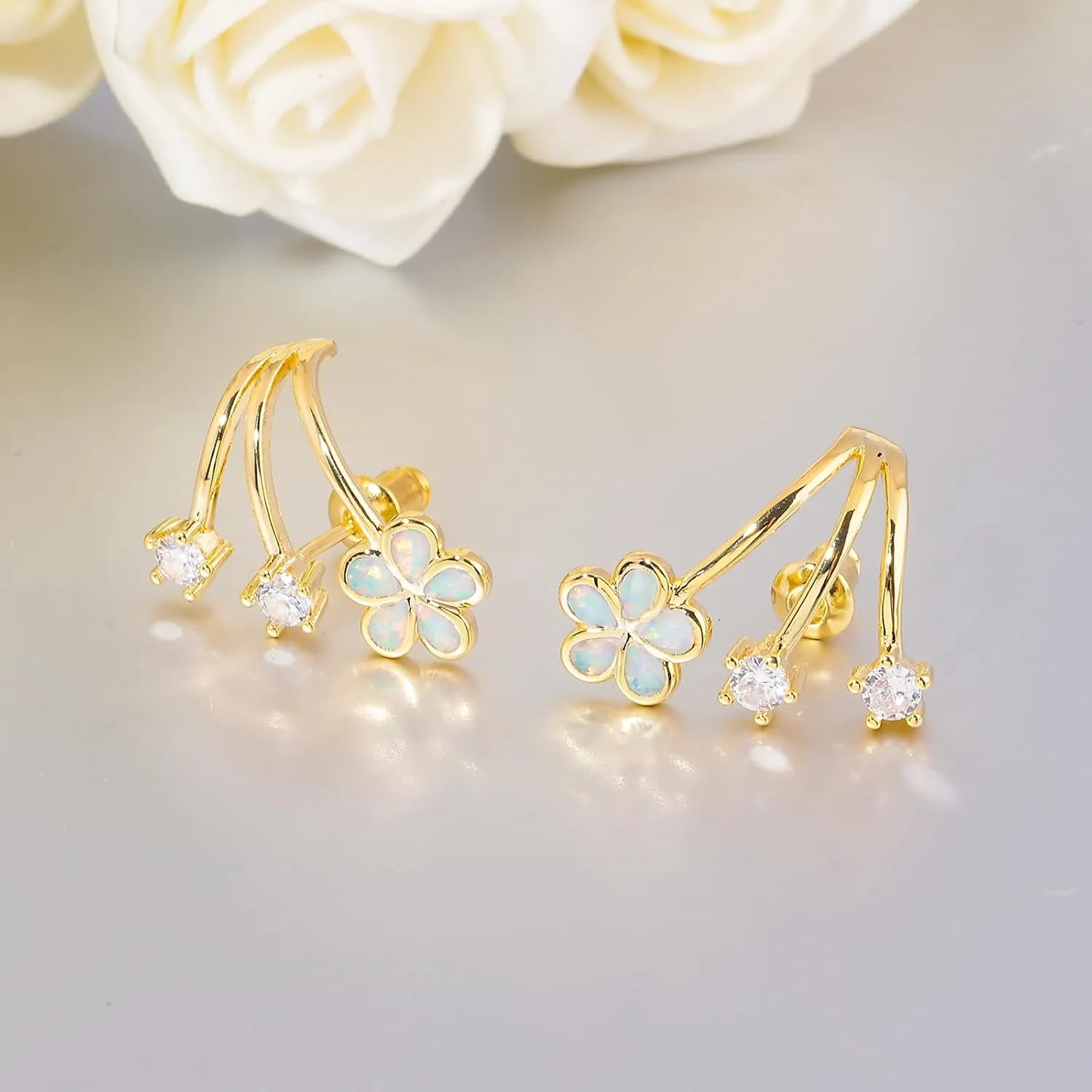 CiNily Cuffs Stud Earrings for Women Trendy 14K White Gold Plated Created Fire Opal Flower Piercings Studs Earrings Cubic Zirconia Claw Ear Wrap Earrings Jewelry Gift for Wedding Party Birthday