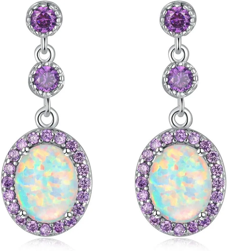 CiNily Fire Opal Amethyst Dangle Drop Earrings 18K White Gold/Rose Gold Plated Opal Jewelry for Women Gemstone Stud Earrings 7/8"