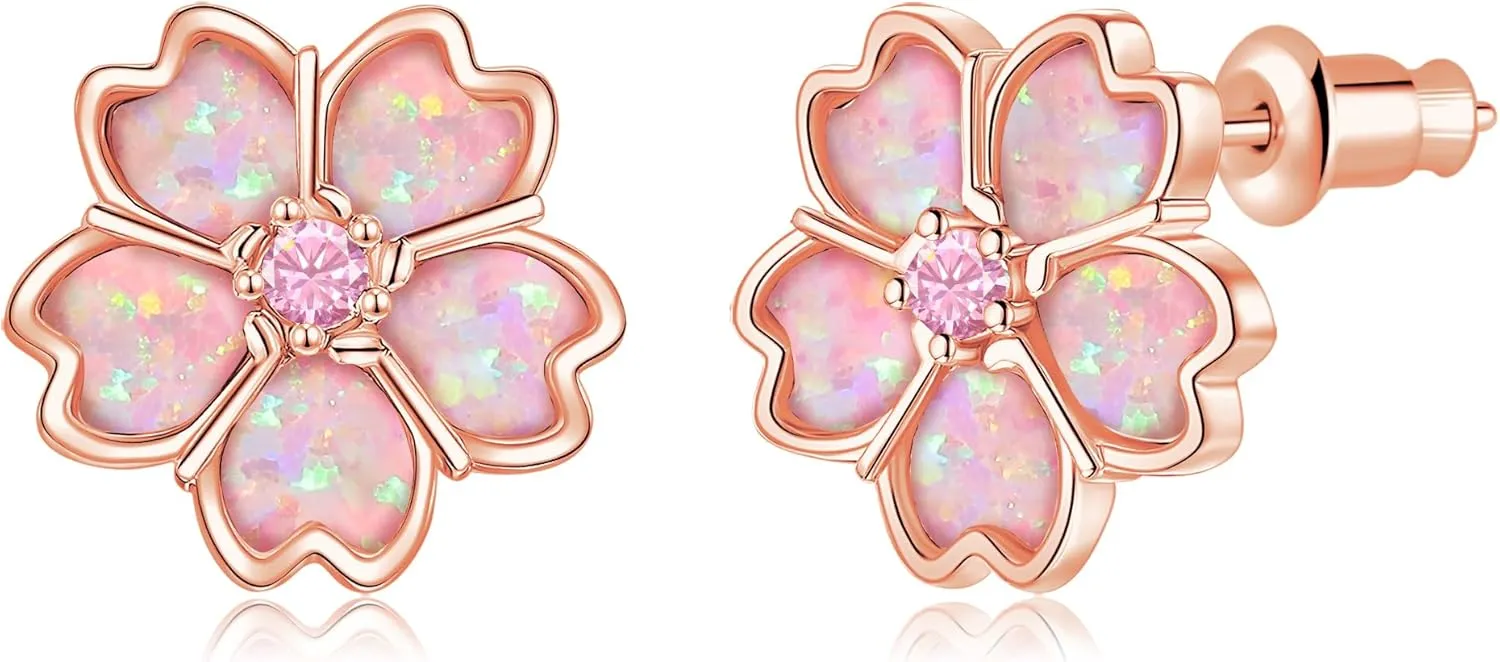 CiNily Mother's Day Gift Opal Stud Earrings for Women Flower Earrings Multi-color Opal Ear Studs 14K Rose Gold | White Gold Hypoallergenic Jewelry for Wedding Birthday Party Birthday Christmas