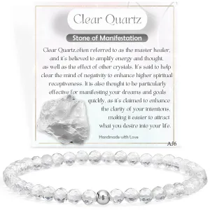 Clear Quartz - Manifestation - Beaded Bracelets for Women, Handmade Natural Stone 4mm Beads 925 Sterling Silver Stretch Bracelets, Chakra Crystal Gemstone Jewelry Gifts