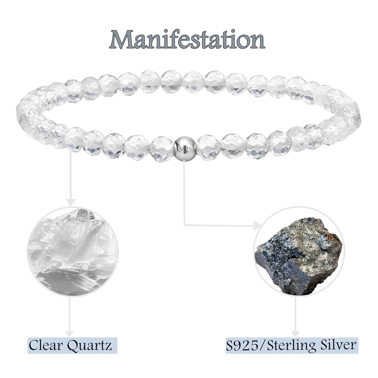 Clear Quartz - Manifestation - Beaded Bracelets for Women, Handmade Natural Stone 4mm Beads 925 Sterling Silver Stretch Bracelets, Chakra Crystal Gemstone Jewelry Gifts