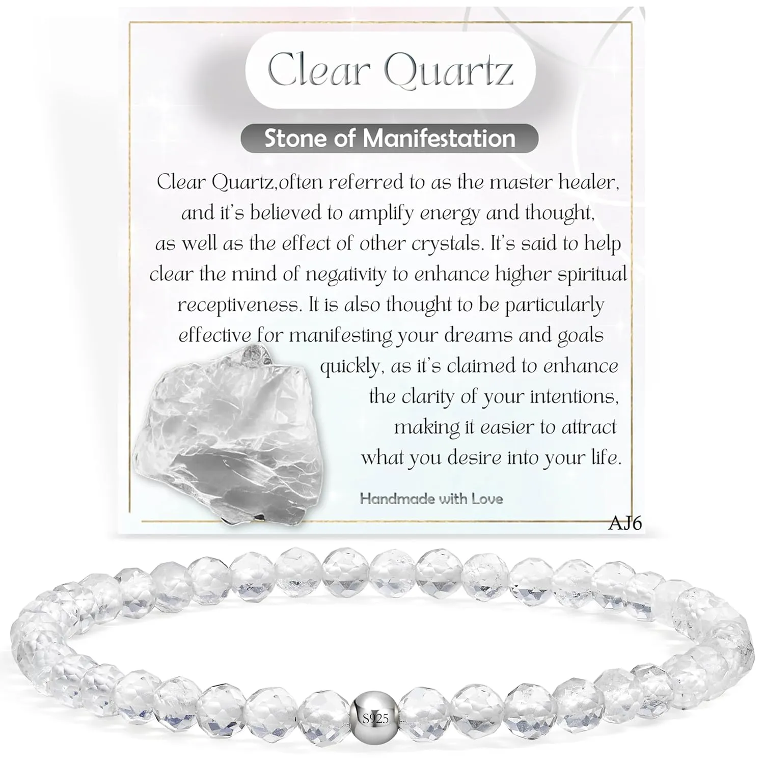 Clear Quartz - Manifestation - Beaded Bracelets for Women, Handmade Natural Stone 4mm Beads 925 Sterling Silver Stretch Bracelets, Chakra Crystal Gemstone Jewelry Gifts