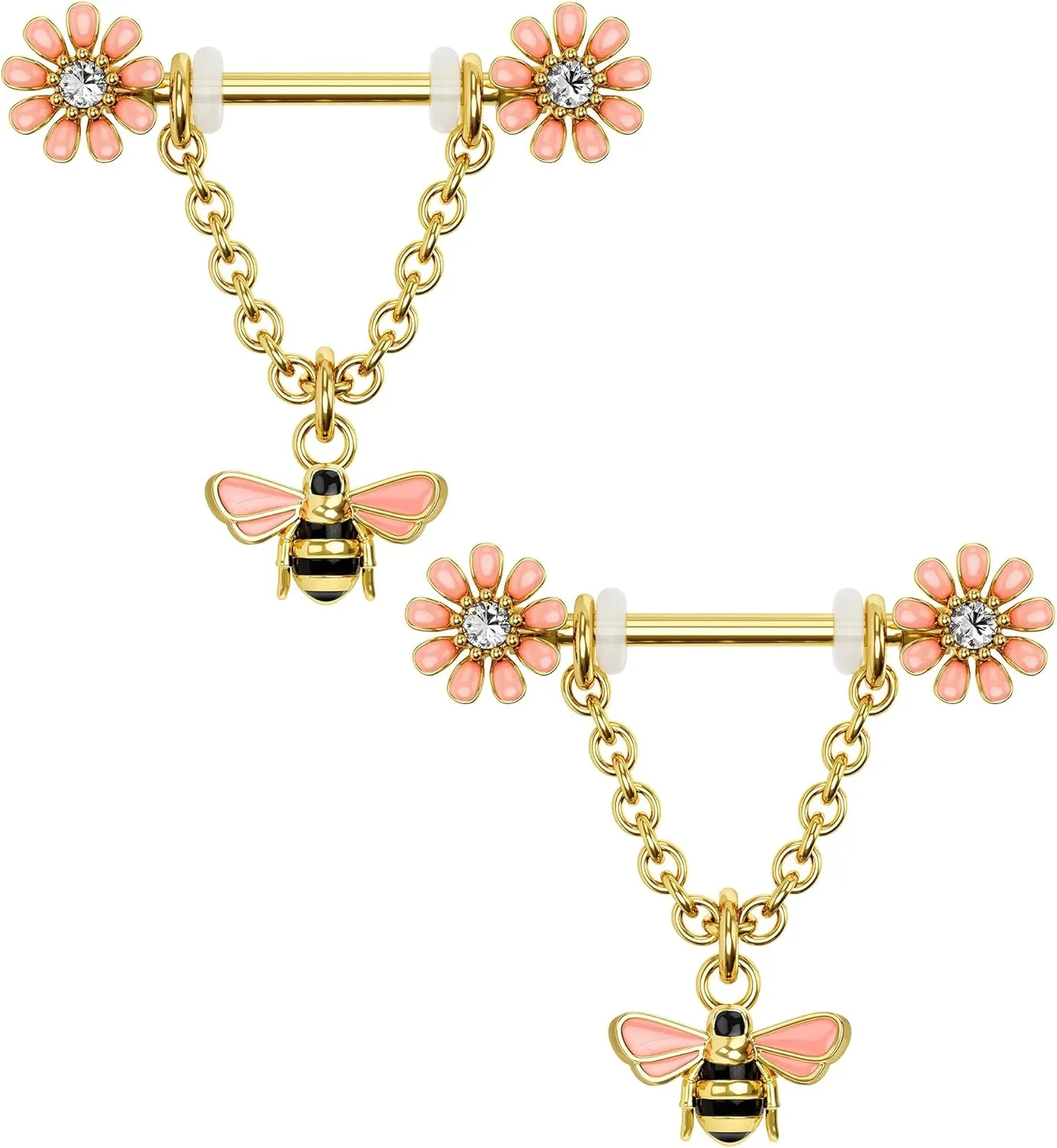 CM Crareesi Mania Chain Nipple Shield Rings - Dainty Bee Nipple Piercing Barbells 14G Dangle Rings