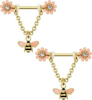 CM Crareesi Mania Chain Nipple Shield Rings - Dainty Bee Nipple Piercing Barbells 14G Dangle Rings