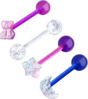 COCHARM 4PCS Acrylic Tongue Rings Flexible 14g Plastic Tongue Rings for Women UV Pink Bear Tongue Rings Moon Tongue Barbell Star Tongue Ring Set Bio-Flex Tongue Piercing Jewelry