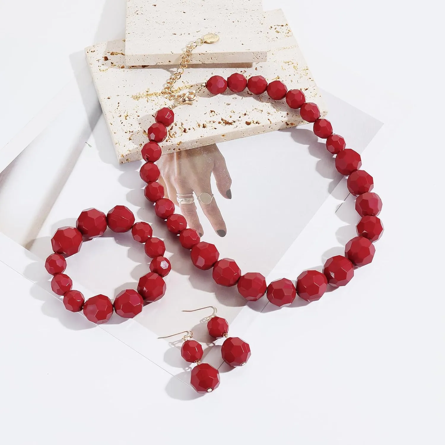Coiris Chunky Acrylic Beads Strand Necklaces Set Statement Geometric Beads Necklace Bracelet Earrings Acrylic African Beaded Necklace for Accessory Jewelry