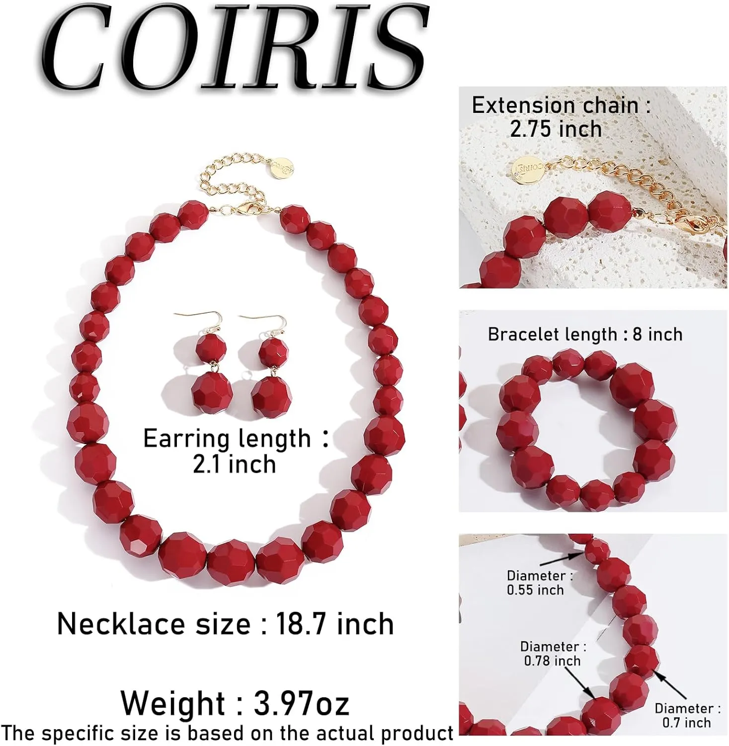 Coiris Chunky Acrylic Beads Strand Necklaces Set Statement Geometric Beads Necklace Bracelet Earrings Acrylic African Beaded Necklace for Accessory Jewelry