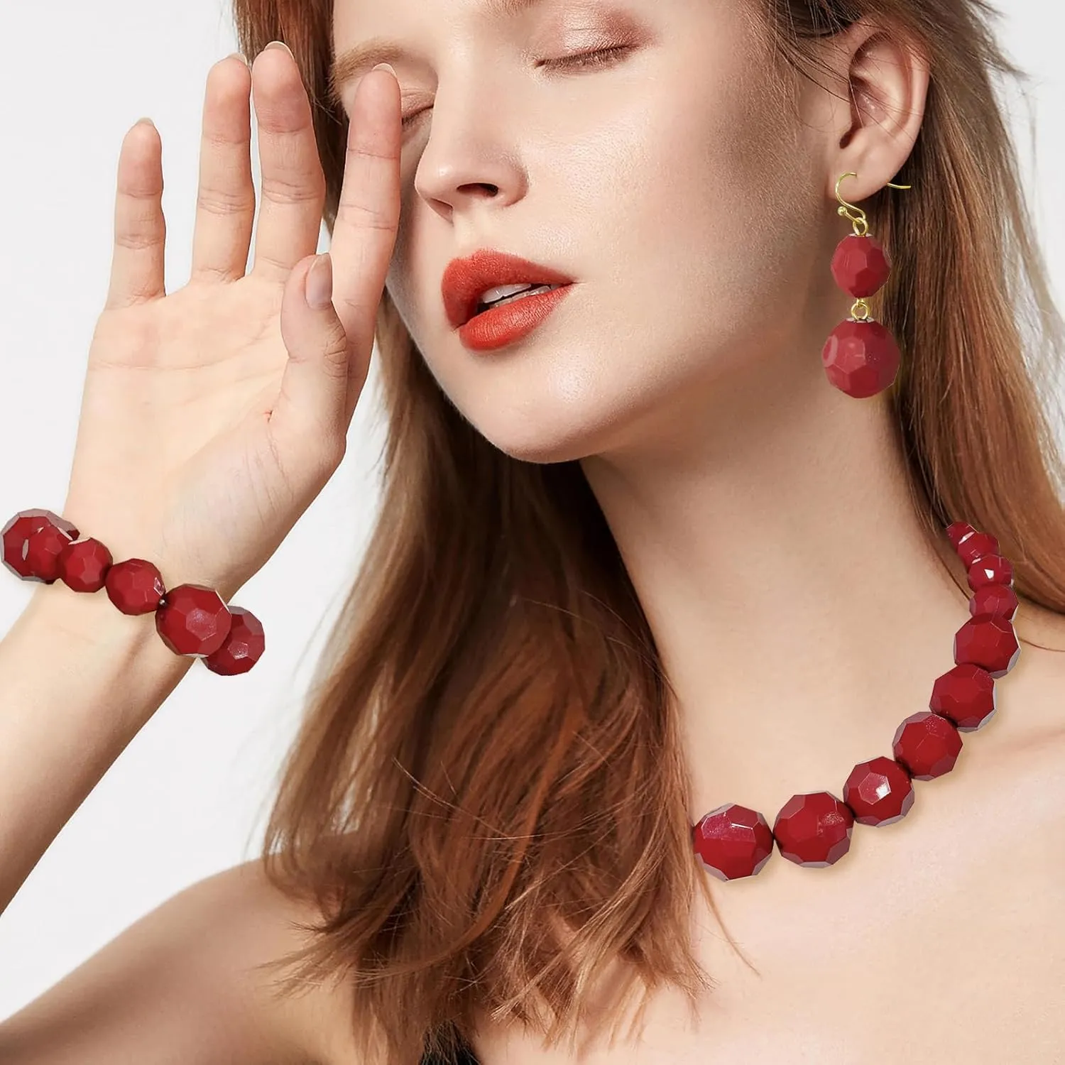 Coiris Chunky Acrylic Beads Strand Necklaces Set Statement Geometric Beads Necklace Bracelet Earrings Acrylic African Beaded Necklace for Accessory Jewelry
