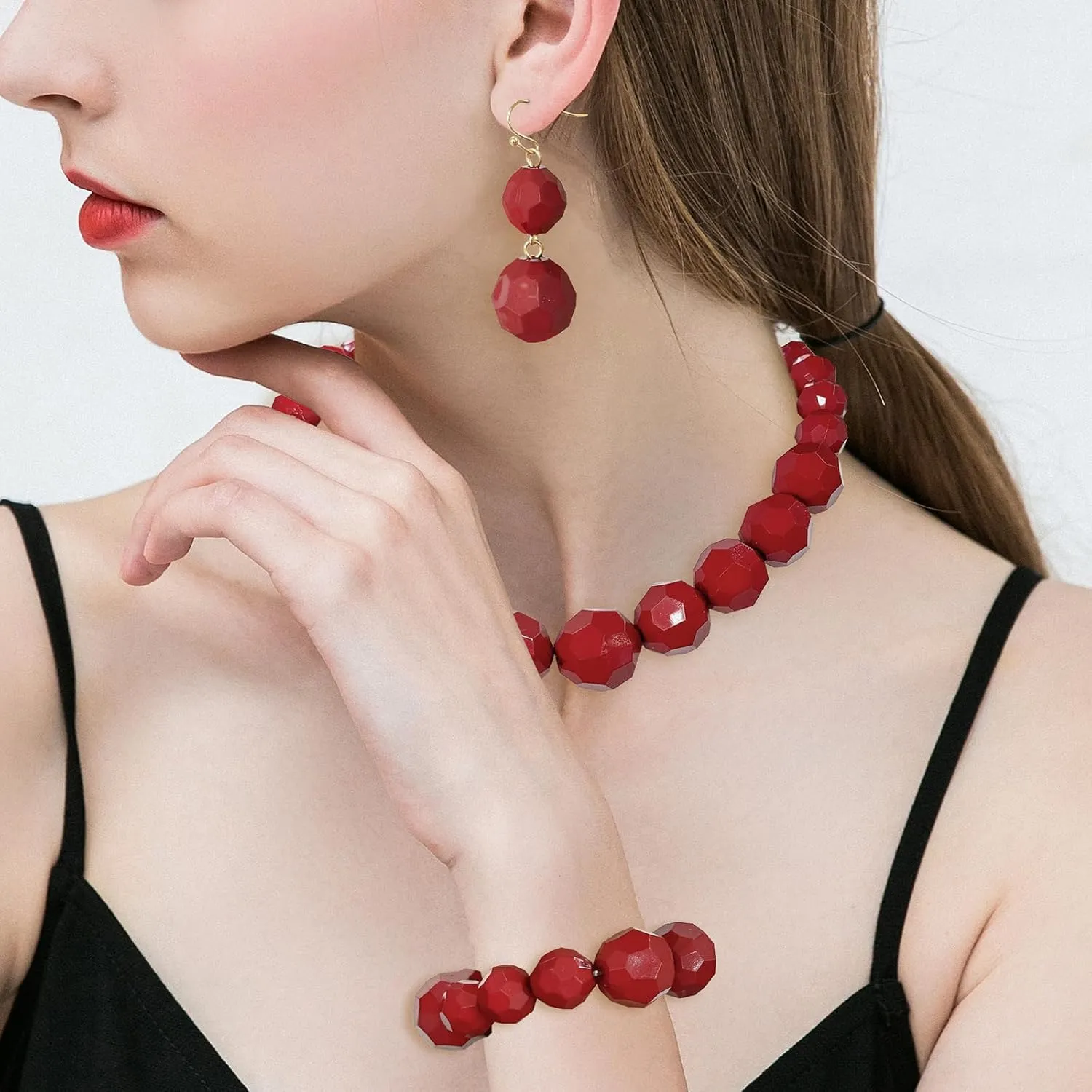 Coiris Chunky Acrylic Beads Strand Necklaces Set Statement Geometric Beads Necklace Bracelet Earrings Acrylic African Beaded Necklace for Accessory Jewelry