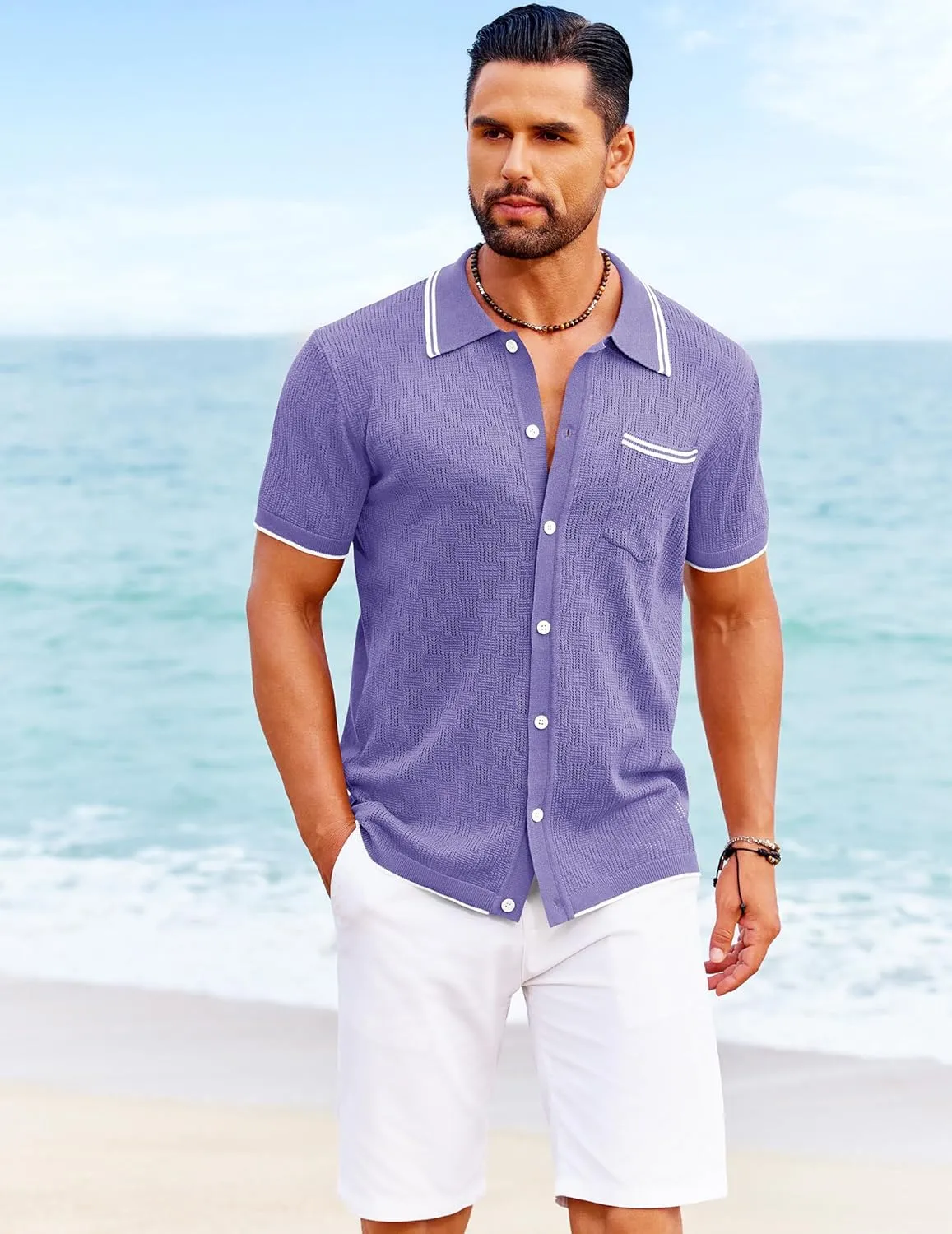 COOFANDY Men's Knit Button Down Shirt Vintage Polo Shirts Short Sleeve Summer Beach Shirts