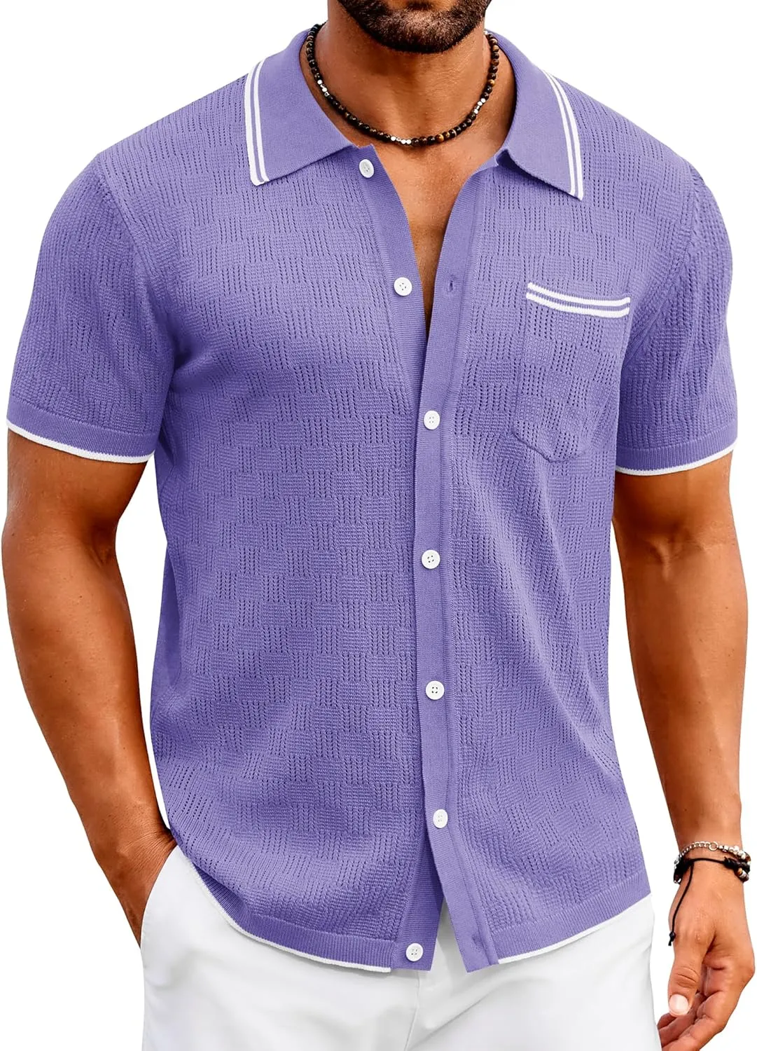 COOFANDY Men's Knit Button Down Shirt Vintage Polo Shirts Short Sleeve Summer Beach Shirts