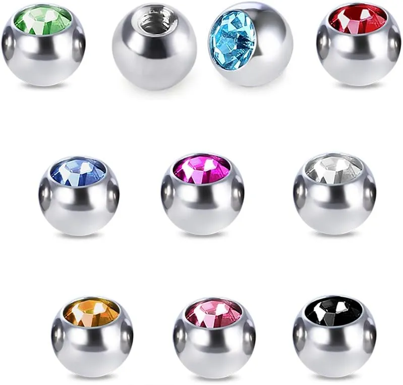 COTTVOTT 10pcs Crystals Screw 14G 16G Tongue Labret Eyebrow Horseshoe Belly Rings Earrings Replacement Balls Stainless Steel Piercings