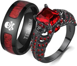 Couple Rings Matching Ring Black Skull Ring Red CZ Womens Wedding Ring Punk Ring
