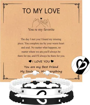 Couples Bracelets Long Distance Relationship Gifts Stainless Steel and Beaded Puzzle Heart Bracelet Adjustable Promise Bracelet with Zirconia Matching bracelets for bf and gf