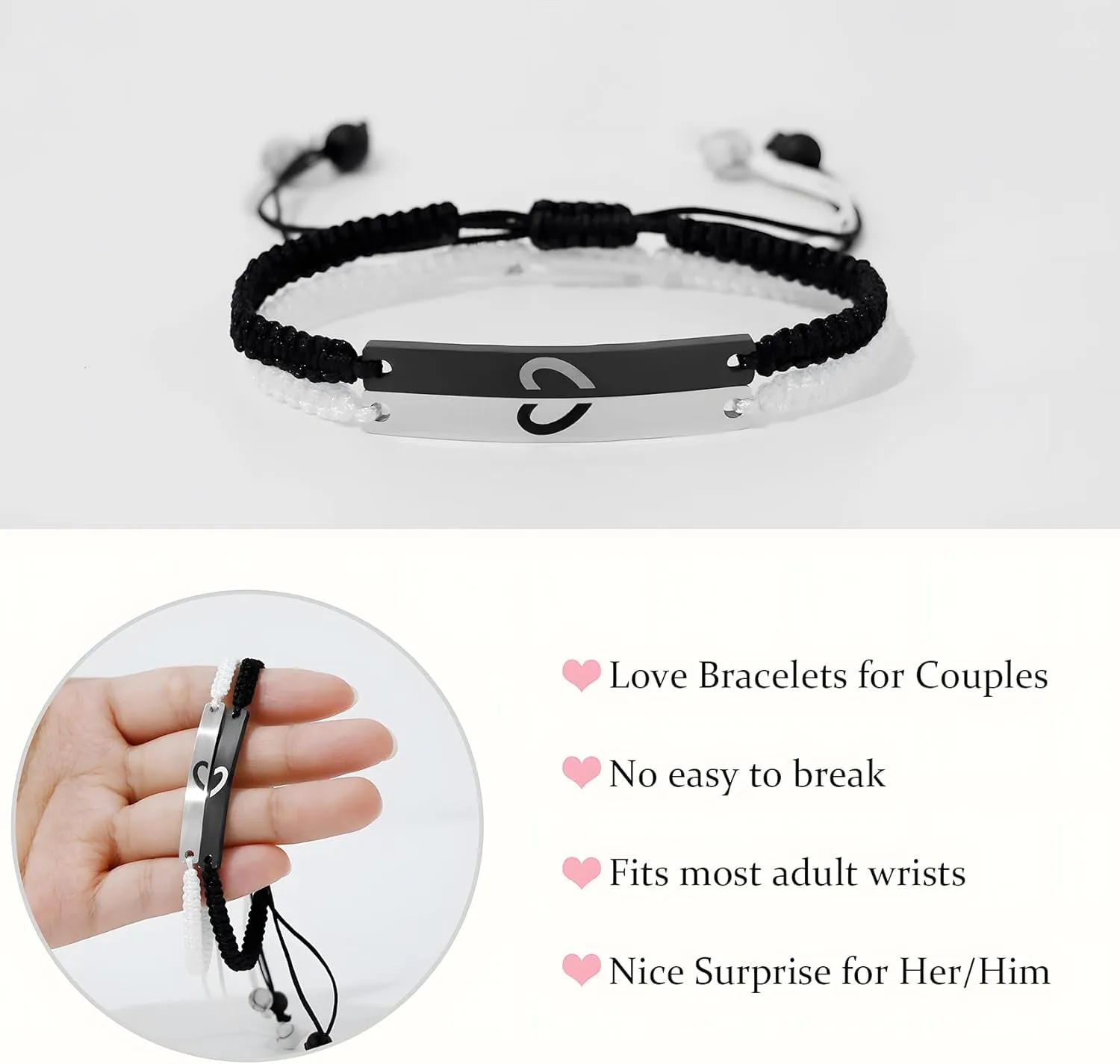 Couples Bracelets Long Distance Relationship Gifts Stainless Steel and Beaded Puzzle Heart Bracelet Adjustable Promise Bracelet with Zirconia Matching bracelets for bf and gf