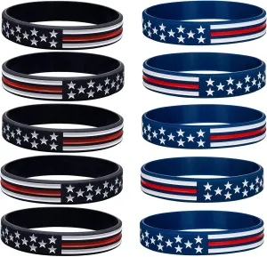 COYOUCO 10 Pack American Flag Bracelets -Thin Red Line Silicone Rubber Wristband Stretch Set for Americanism, Patriotic, Holiday, Army and Sport Fans, ndependence Day, Gifts for Teens Men Women