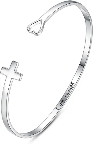 Cross Bracelet Jesus Faith Bangle Love Charm Bracelets I am Enough 925 Sterling Silver Cuff Bracelet Religious Jewelry Gift for Women
