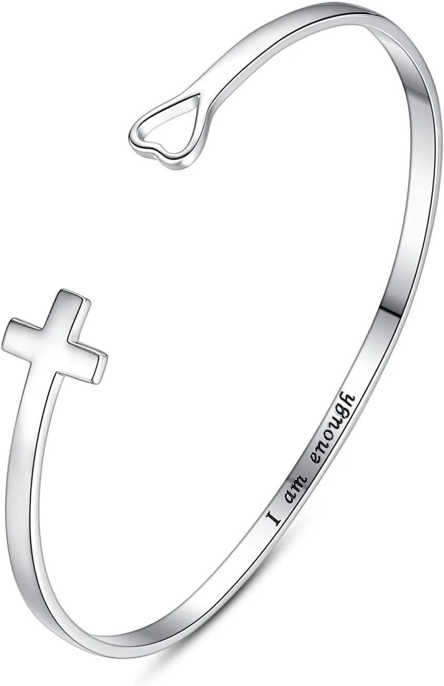 Cross Bracelet Jesus Faith Bangle Love Charm Bracelets I am Enough 925 Sterling Silver Cuff Bracelet Religious Jewelry Gift for Women